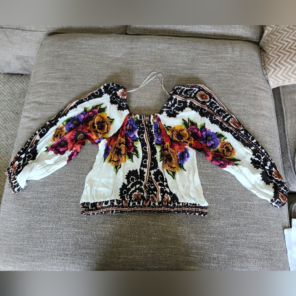 Rachel Zoe Floral Boho Blouse with Black and Purple Accents